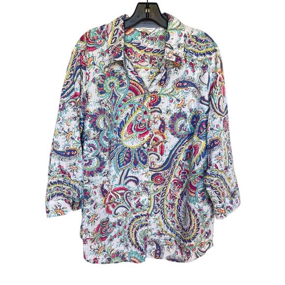 Allison Daley Tops - Allison Daley Plus Textured Cotton Paisley Button Up w Chambray Trim size 22W